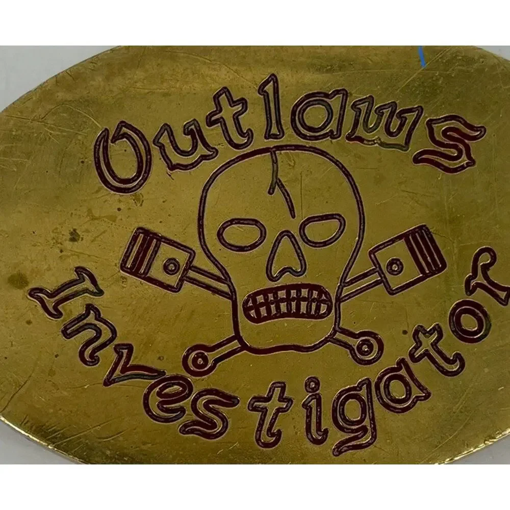Rare Vtg 1980 Baron Buckles Brass Outlaws Investigator Skull Belt #241 Pistons